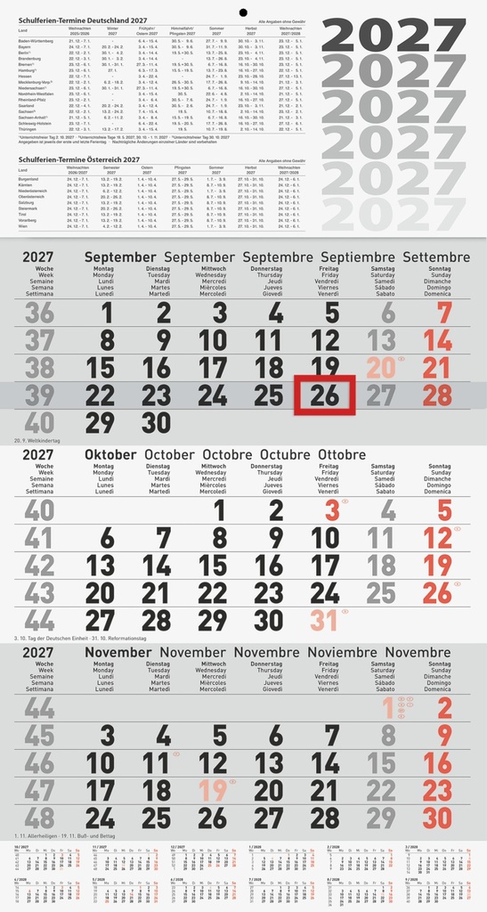 3-Monatskalender 2027 | grau, 30×56 cm