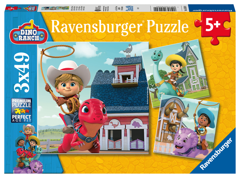 Ravensburger Kinderpuzzle 05589 -  Jon, Min und Miguel - 3x49 Teile Dino Ranch Puzzle für Kinder ab 5 Jahren