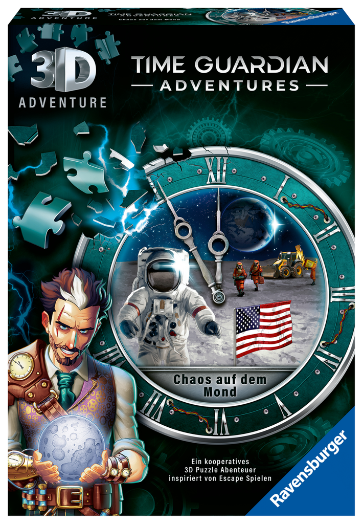 Ravensburger 3D Adventure 11539 TIME GUARDIAN ADVENTURES - Chaos auf dem Mond - Escape Room Spiel, für 1 bis 4 Spieler - Kooperatives 3D Puzzle Abenteuer - einmaliges Event-Spiel ab 12 Jahren