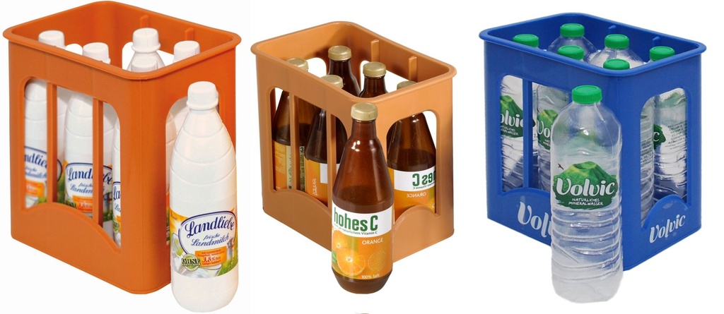 Getränkekisten gefüllt mit jeweils 6 Flaschen in der Sortierung:  Volvic, Hohes C und Landliebe Milch