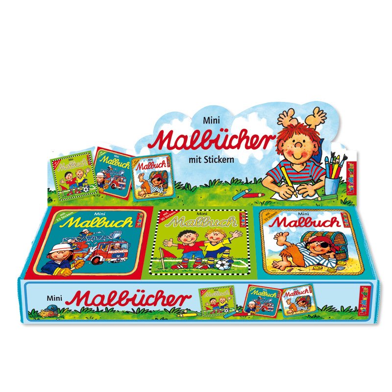 Mini-Malbücher mit Stickern im Display, Jungen