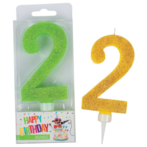 BIRTHDAY FUN Zahlenkerze 2 Glitter Maxi, 6-fach sortiert