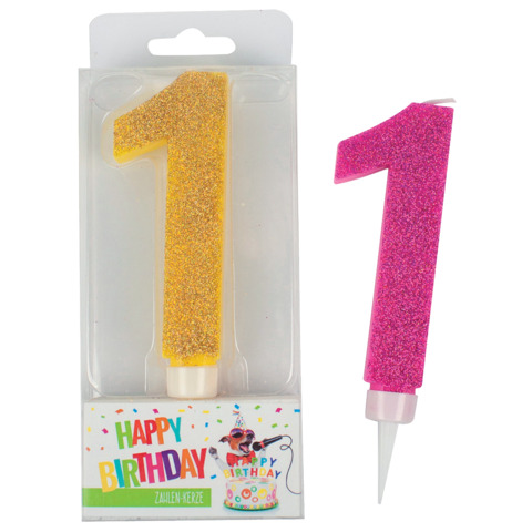 BIRTHDAY FUN Zahlenkerze 1 Glitter Maxi, 6-fach sortiert