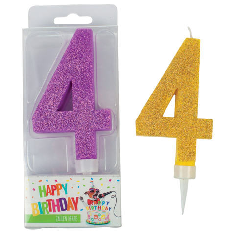 BIRTHDAY FUN Zahlenkerze 4 Glitter Maxi, 6-fach sortiert