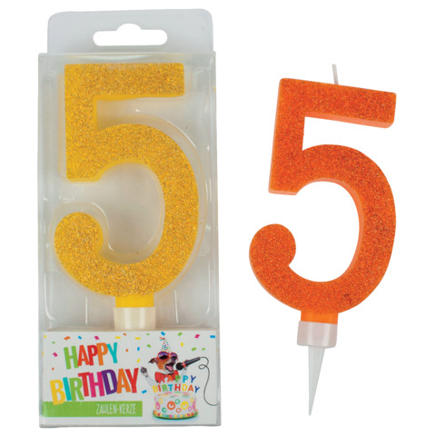 BIRTHDAY FUN Zahlenkerze 5 Glitter Maxi, 6-fach sortiert