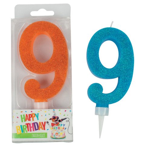 [4032722942074] BIRTHDAY FUN Zahlenkerze 9 Glitter Maxi, 6-fach sortiert