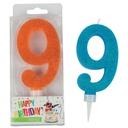 BIRTHDAY FUN Zahlenkerze 9 Glitter Maxi, 6-fach sortiert