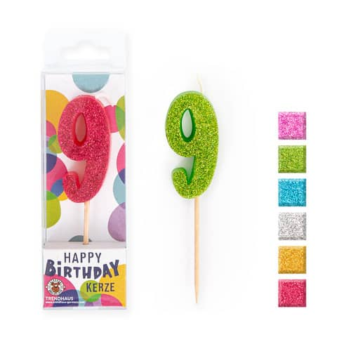 BIRTHDAY FUN Zahlenkerze Glitter Mini 9, 6-fach sortiert