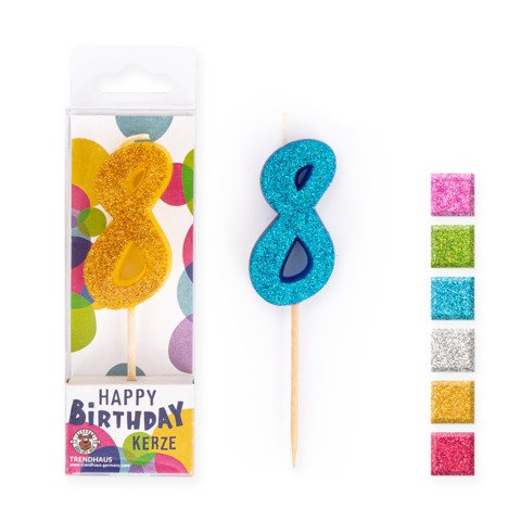 [4032722957627] BIRTHDAY FUN Zahlenkerze Glitter Mini 8, 6-fach sortiert