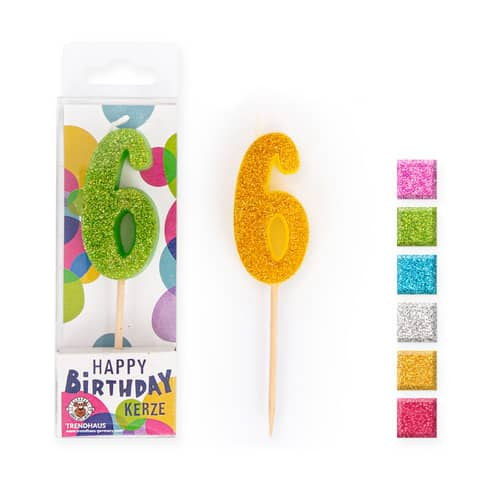 BIRTHDAY FUN Zahlenkerze Glitter Mini 6, 6-fach sortiert