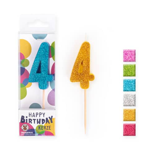 BIRTHDAY FUN Zahlenkerze Glitter Mini 4, 6-fach sortiert