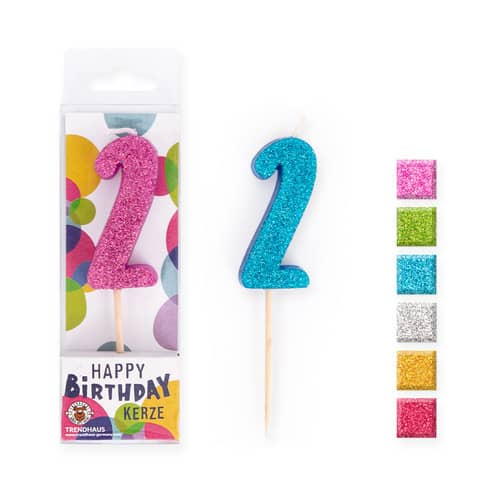 BIRTHDAY FUN Zahlenkerze Glitter Mini 2, 6-fach sortiert