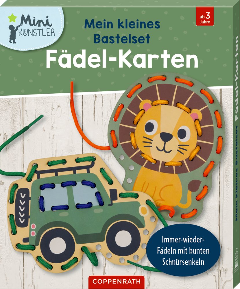M. kl. Bastelset: Fädel-Karten (Löwe/Wagen) - Mini-Künstler