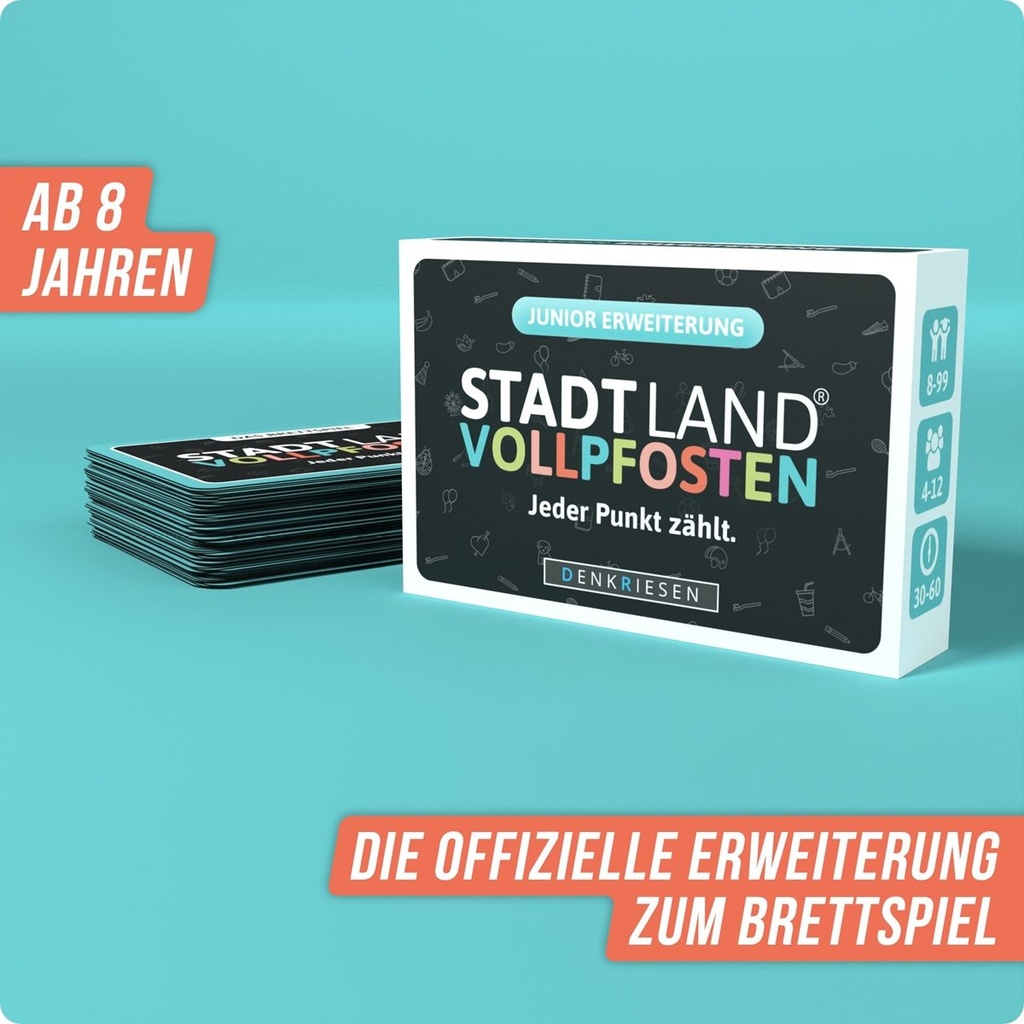 [4260528093885] DENKRIESEN - STADT LAND VOLLPFOSTEN® - Das Brettspiel – ERWEITERUNG - JUNIOR EDITION "Jeder Punkt zählt."